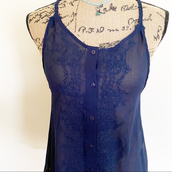 Tobi Sheer Chiffon Cami Embroidered Twist Navy Top - Picture 2 of 5